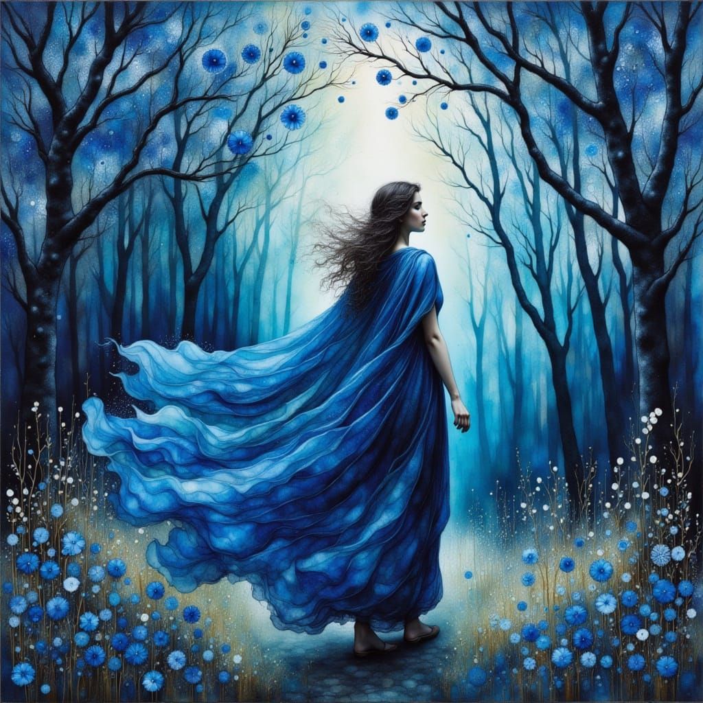 Goddess in Ethereal Forest: Inky Watercolor Art