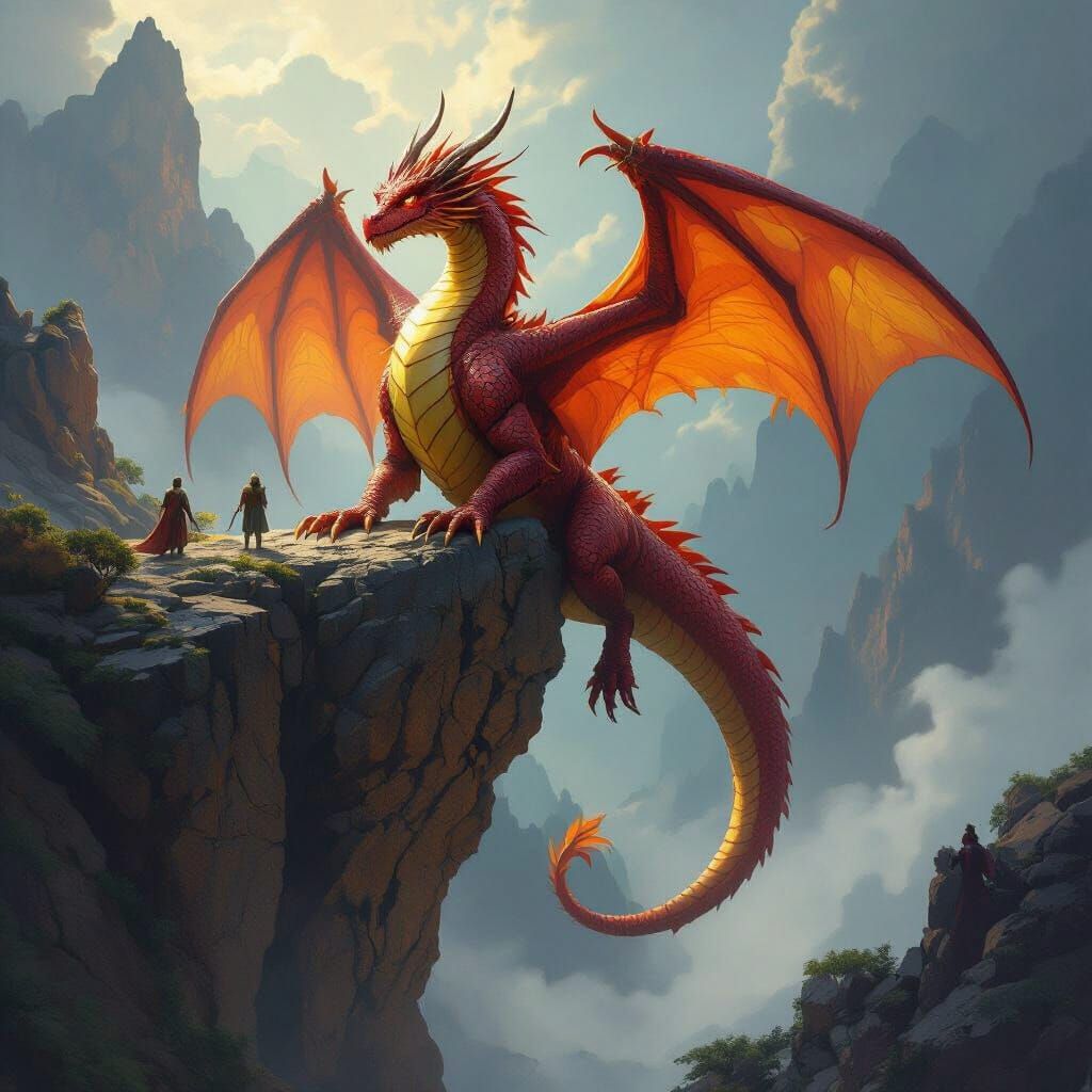 Majestic Dragon on Cliff in Dramatic Fantasy Art Style