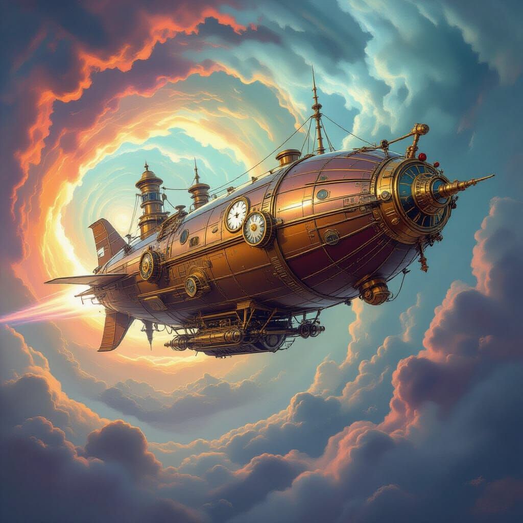 Steampunk Airship Soaring Through Time Vortex