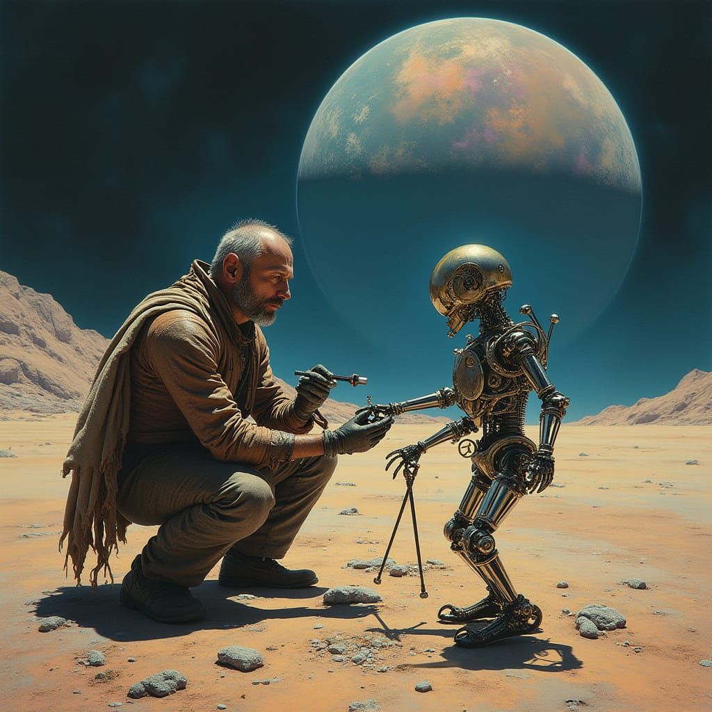 Clockwork Repairman on the Moon in Surreal Style