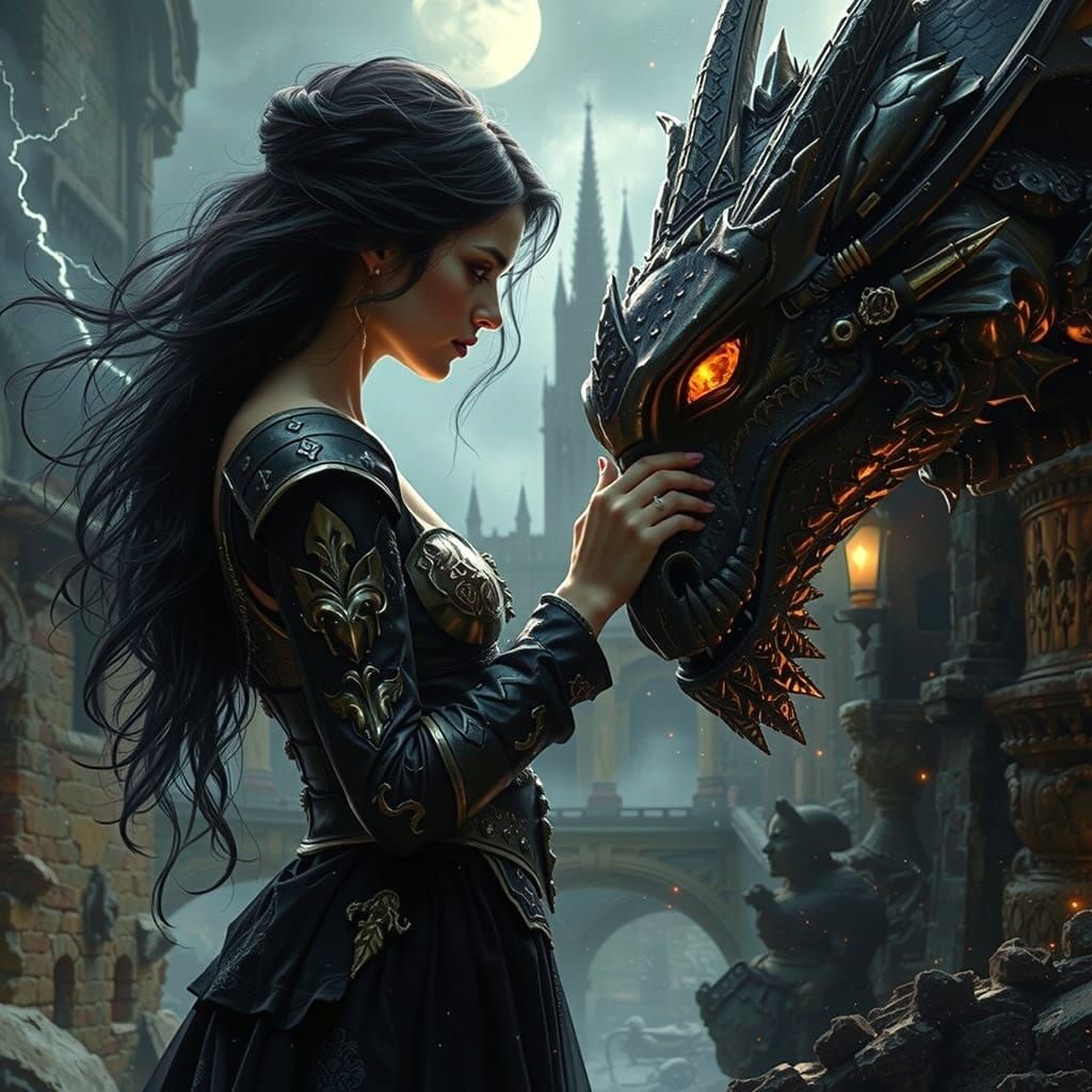 Dark Fantasy Sorceress and Dragon Companion