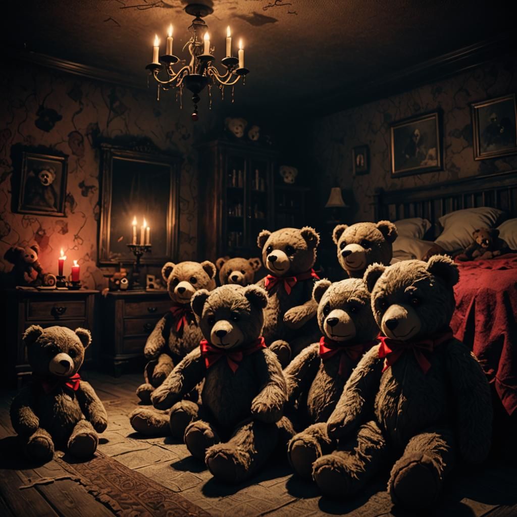 Ominous Red-Eyed Teddy Bears in Haunted Bedroom