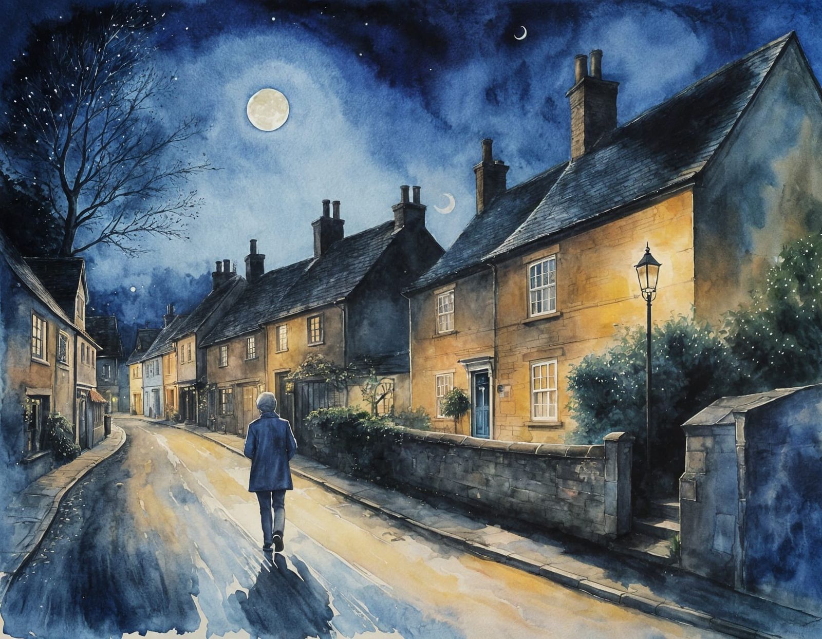 Cotswold Village Under Blue Moon in Watercolor