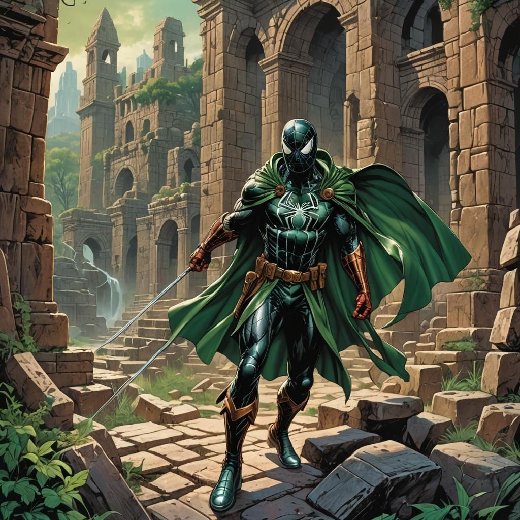 Armored Spiderman at Ancient Ruins, Comic Book Art