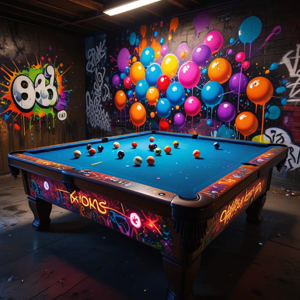 Vibrant Graffiti Art Billiard Table with Neon Balls