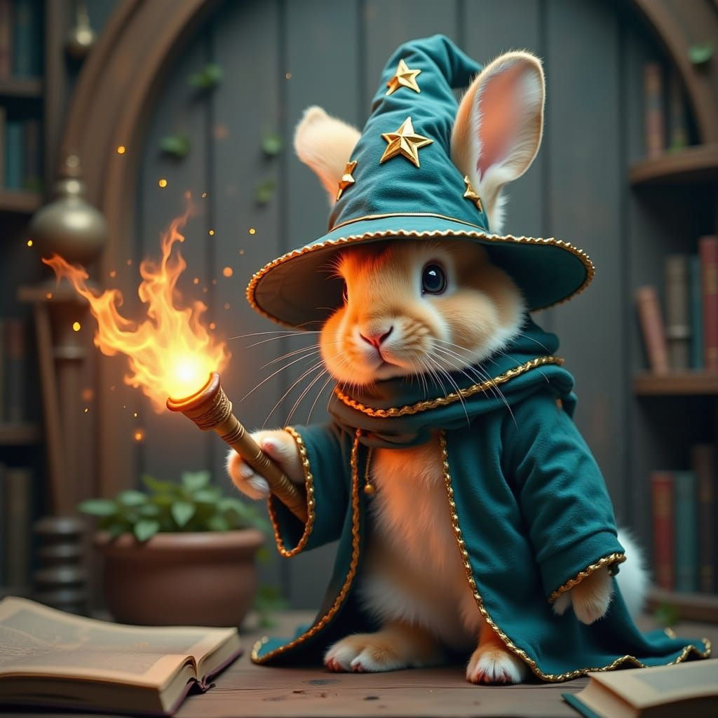 Whimsical Bunny Wizard Conjures Flames