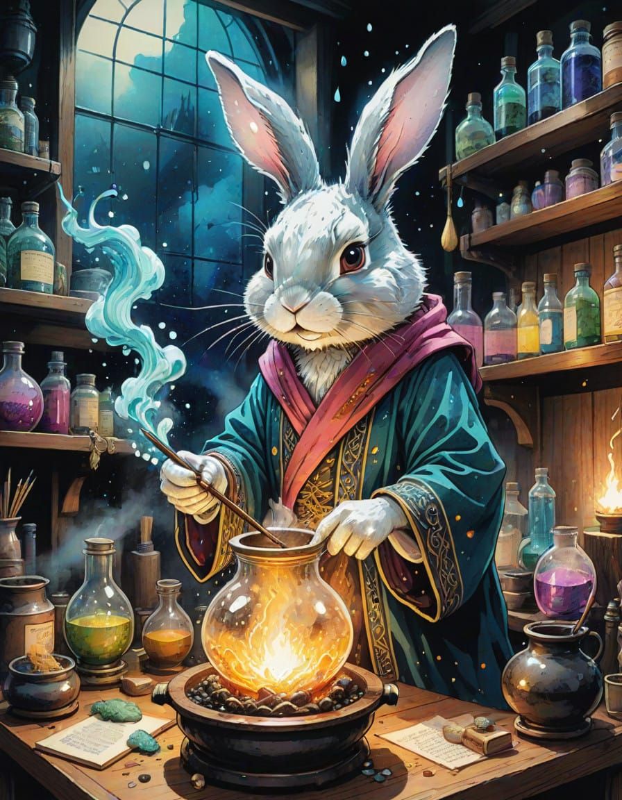 Wizardly Bunny Concocts Enchanted Potions in Mysterious Labo...