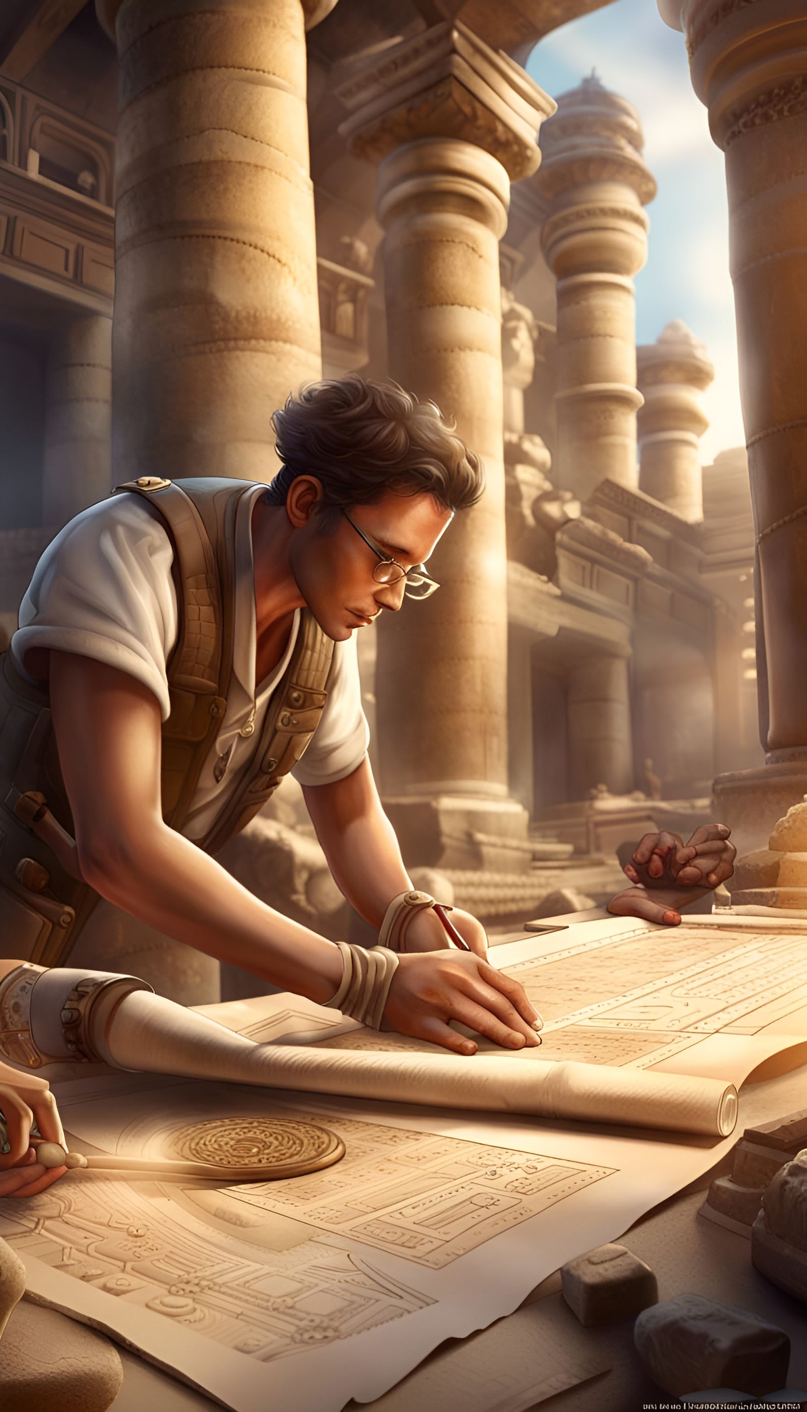 Archaeologist Examines Ancient Scrolls: Digital Art