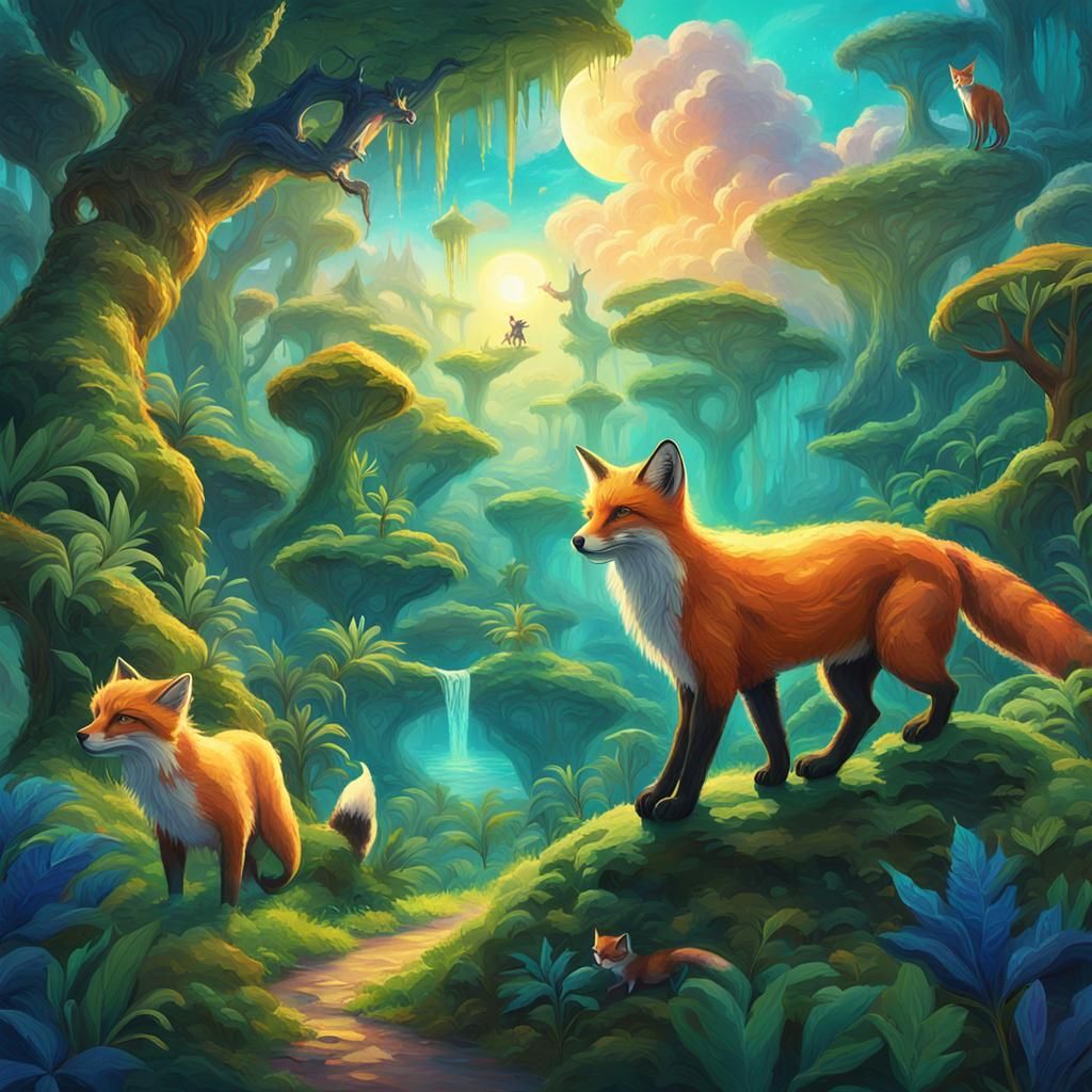 Lush Paradise: Cat, Fox, and Saurus Fantasy Art