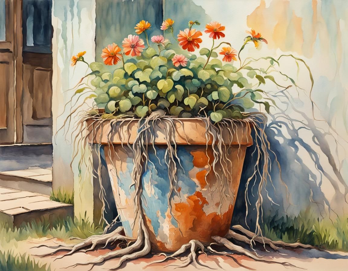 porcelain flower pot with roots come out