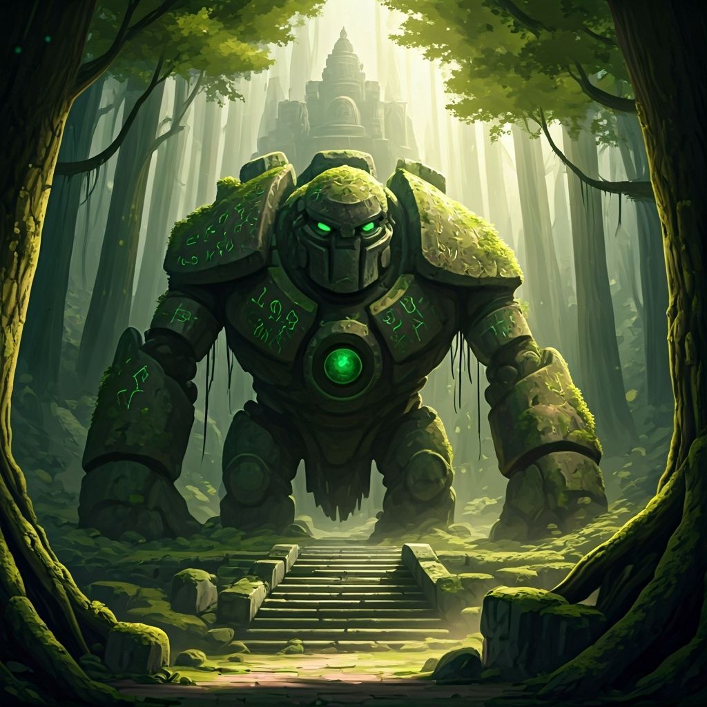 Ancient Stone Golem Guards Mystical Forest Temple