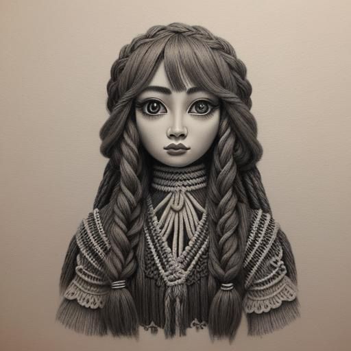 Hyperdetailed Charcoal Drawing of Macrame Doll