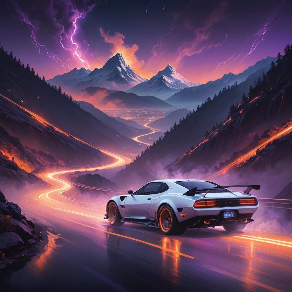 Neon Drift Car on Misty Mountain Road