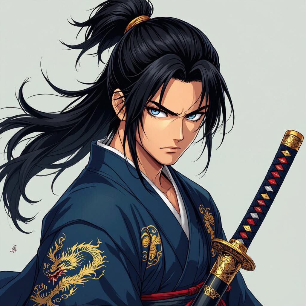 Detailed Anime Samurai with Katana and Dragon Hilt