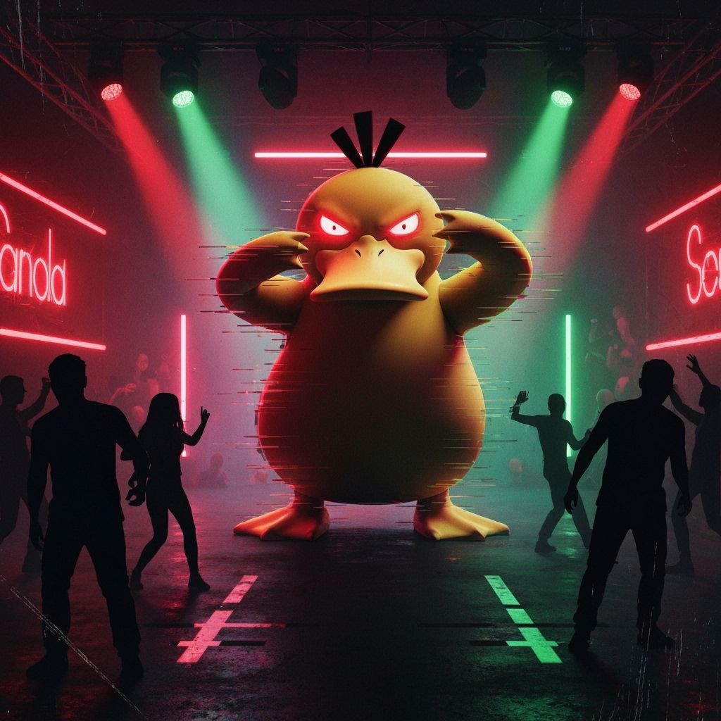 Cyberpunk Psyduck Pokemon in Glitch Art Nightclub