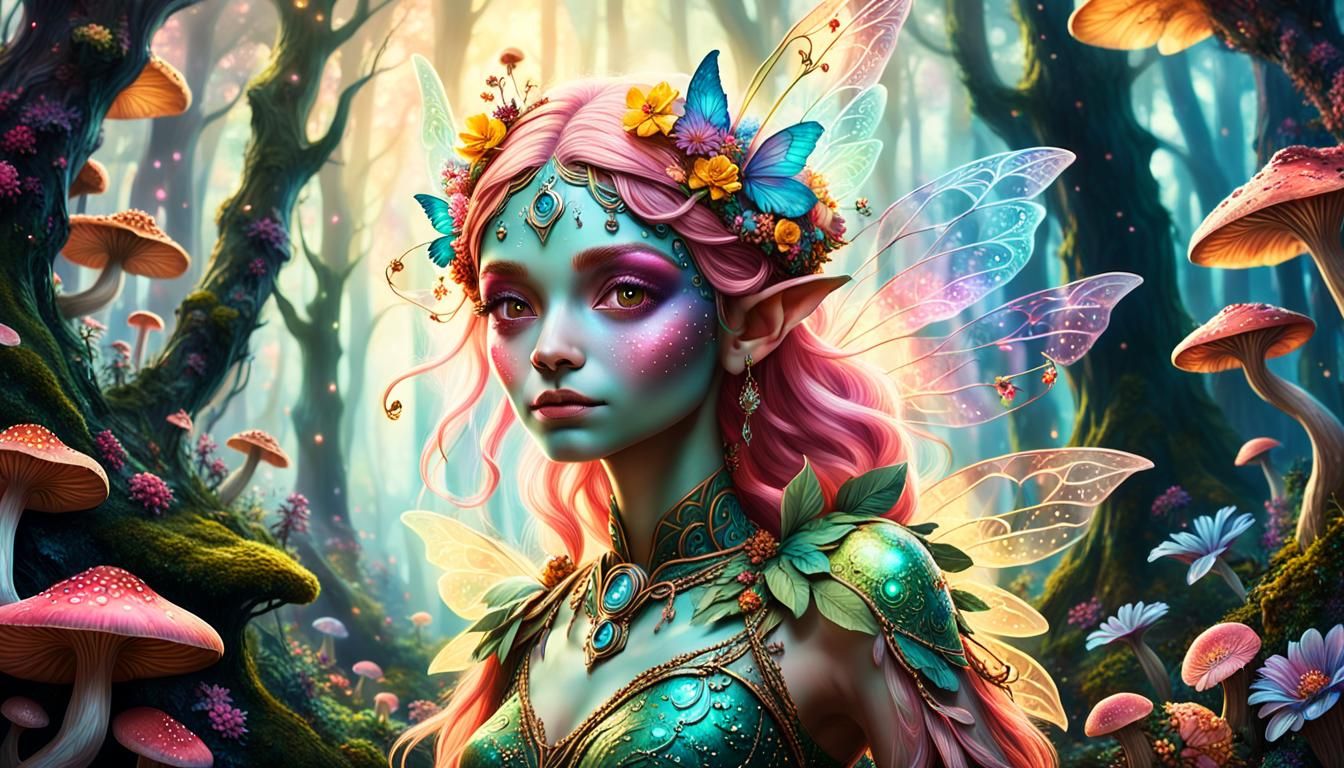 Ethereal Earth Fae Emerges in Vibrant Forest Glade