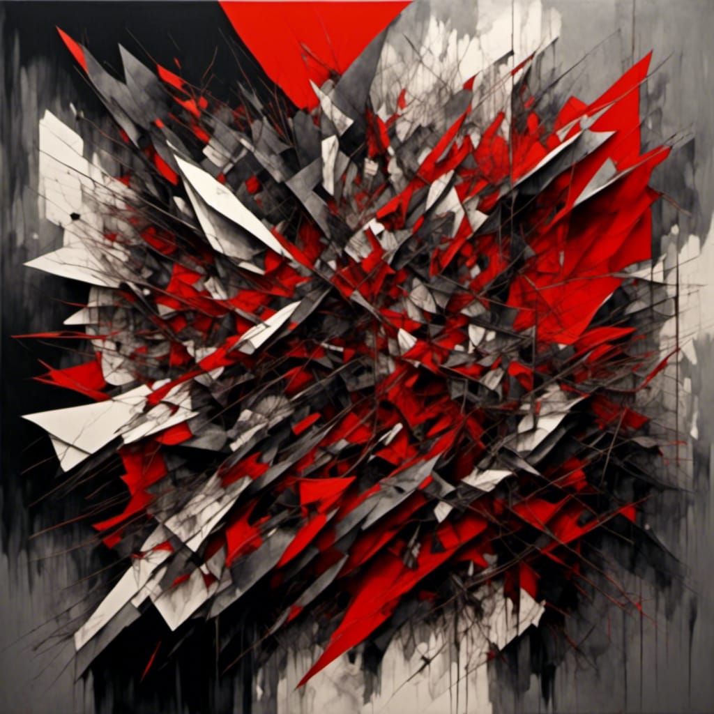 abstract style of Wassily Kandinsky's red, white, gray, and black