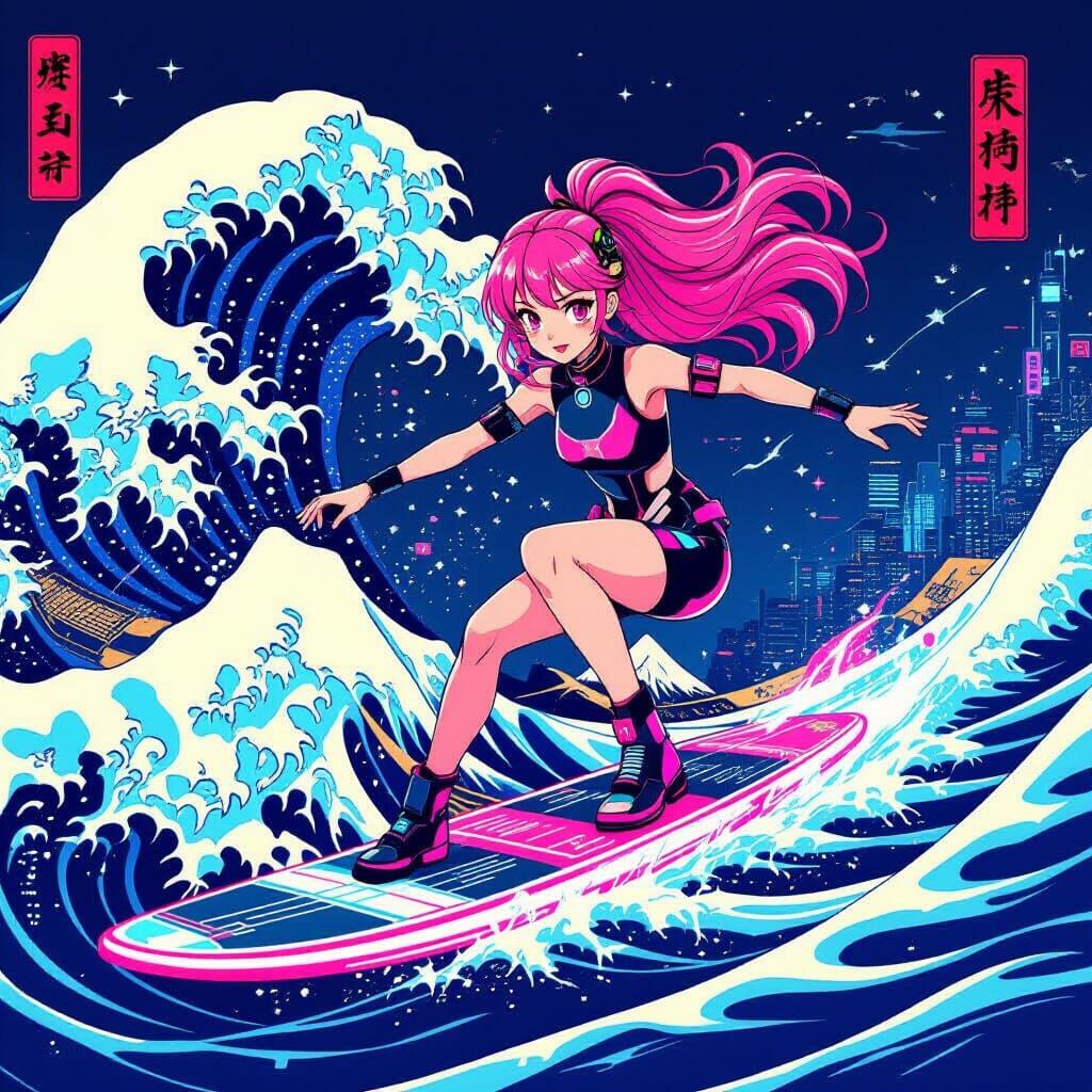 Anime Girl Surfing Cyberpunk Great Wave