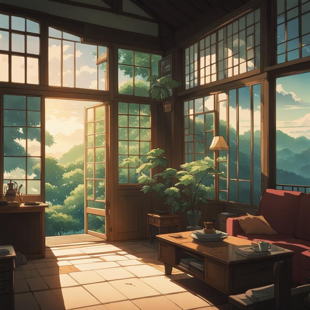 Ghibli-Inspired Abstract Home Architecture in Anime Style