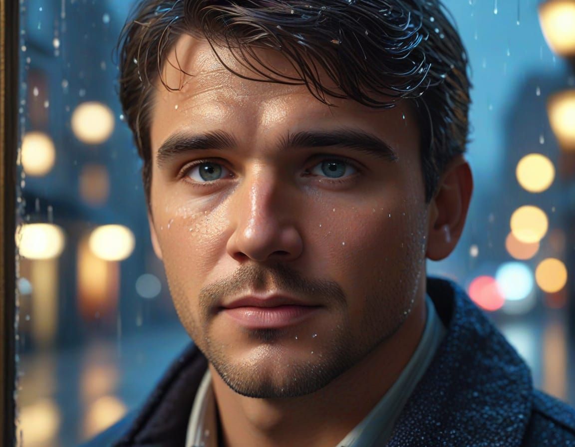 Hyperrealistic Rainy Window Portrait in Kinkade Style