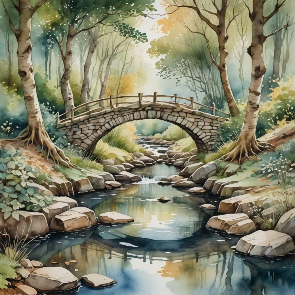 Rustic Stone Bridge in Birch Wood: Victorian Watercolour