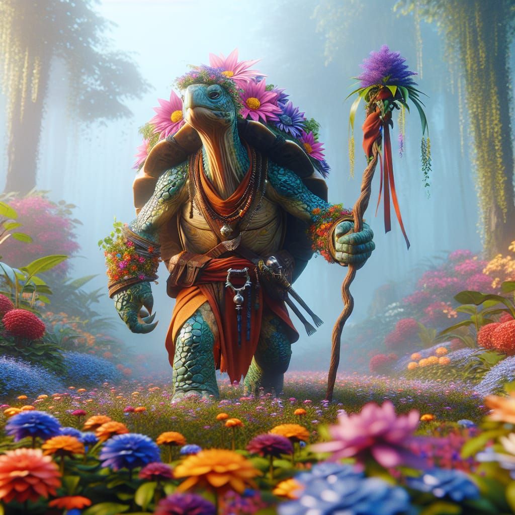 Fantasy Tortoise Warrior Monk in Vibrant Flower Garden