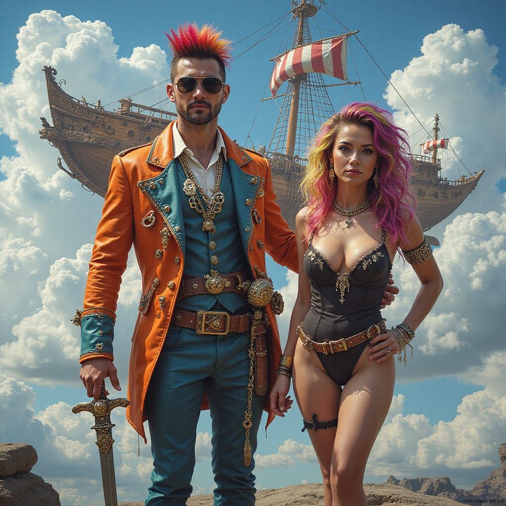 Steampunk Airship Captain and Wife in Vibrant Sky