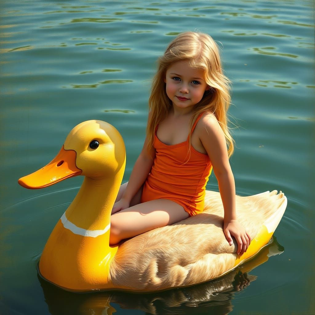 Girl on Duck Float in Impressionist Style