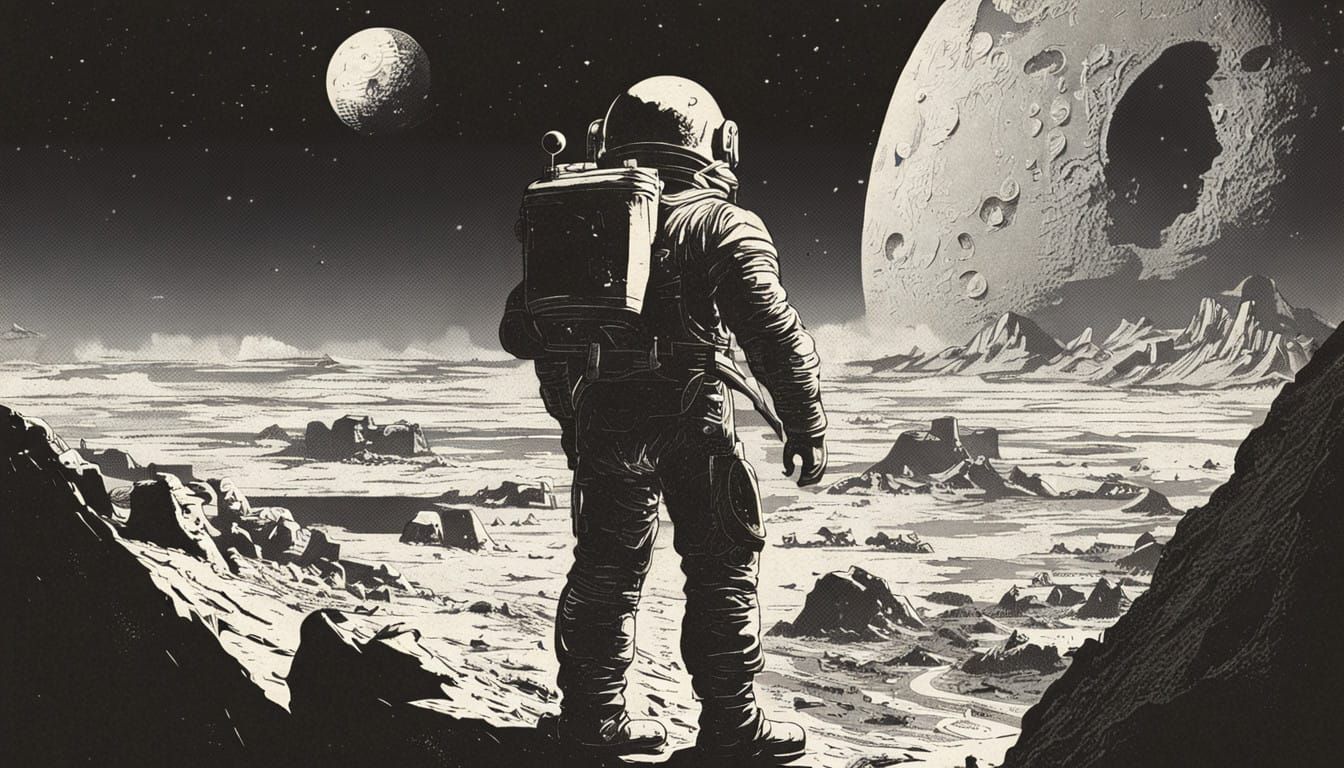 Vintage Moon Explorer Amidst Ancient Ruins