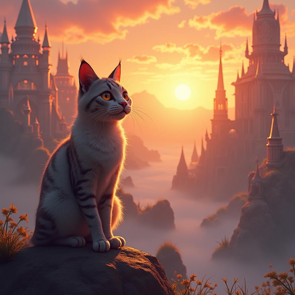 Majestic Cat in Mystical Cityscape Concept Art