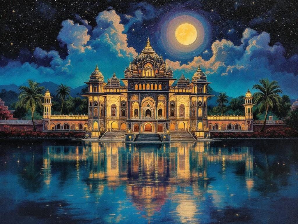 Moonlit Indian Palace: Gouache and Impasto Painting