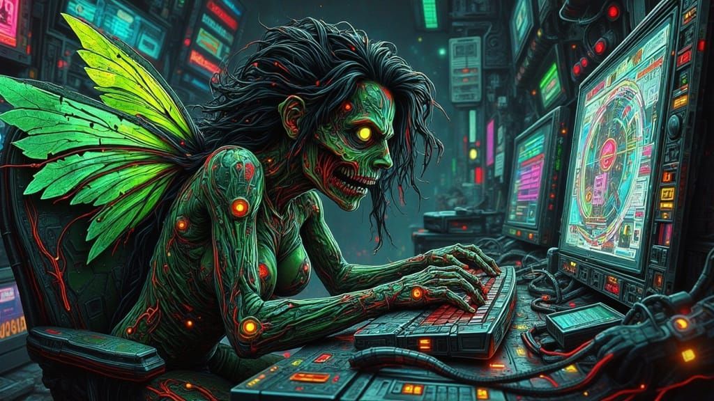 Cyberpunk Zombie Fairy Typing Away in a Neon Glitchy Lair