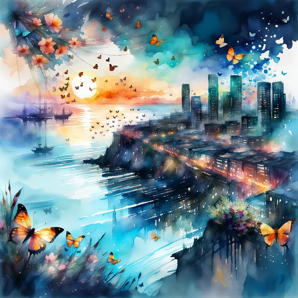 Night Cityscape with Butterflies in Watercolor Style