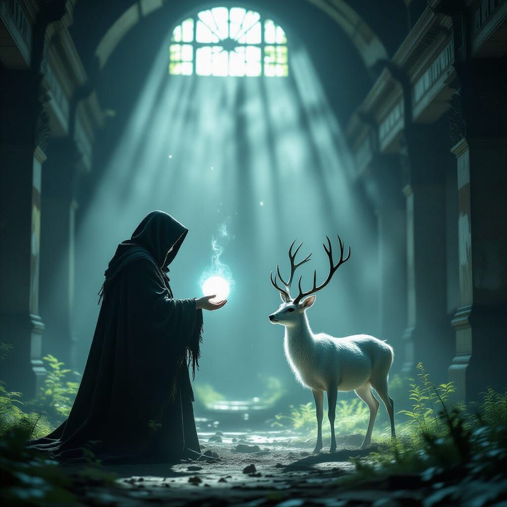 Ethereal Encounter: Figure Offers Orb to Spectral Deer