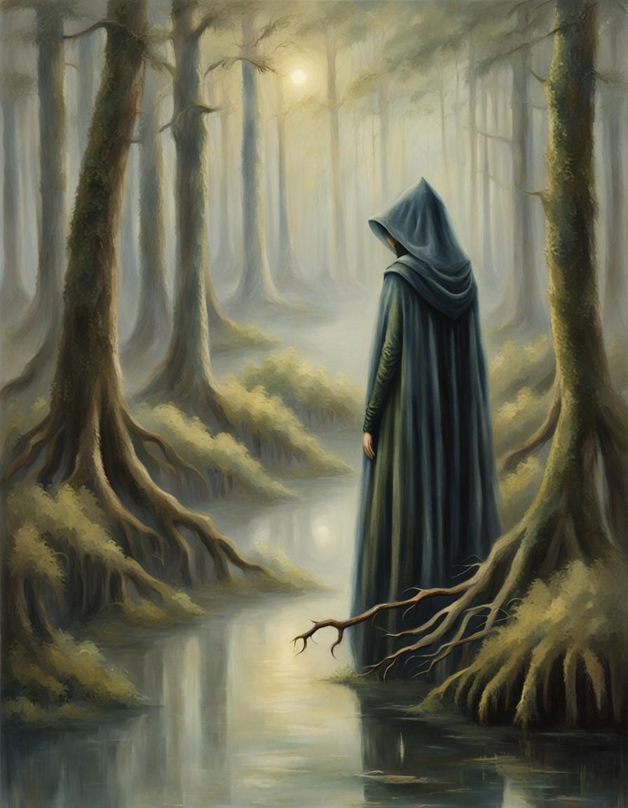 Mysterious Woman in Misty Swamp, Oil Painting