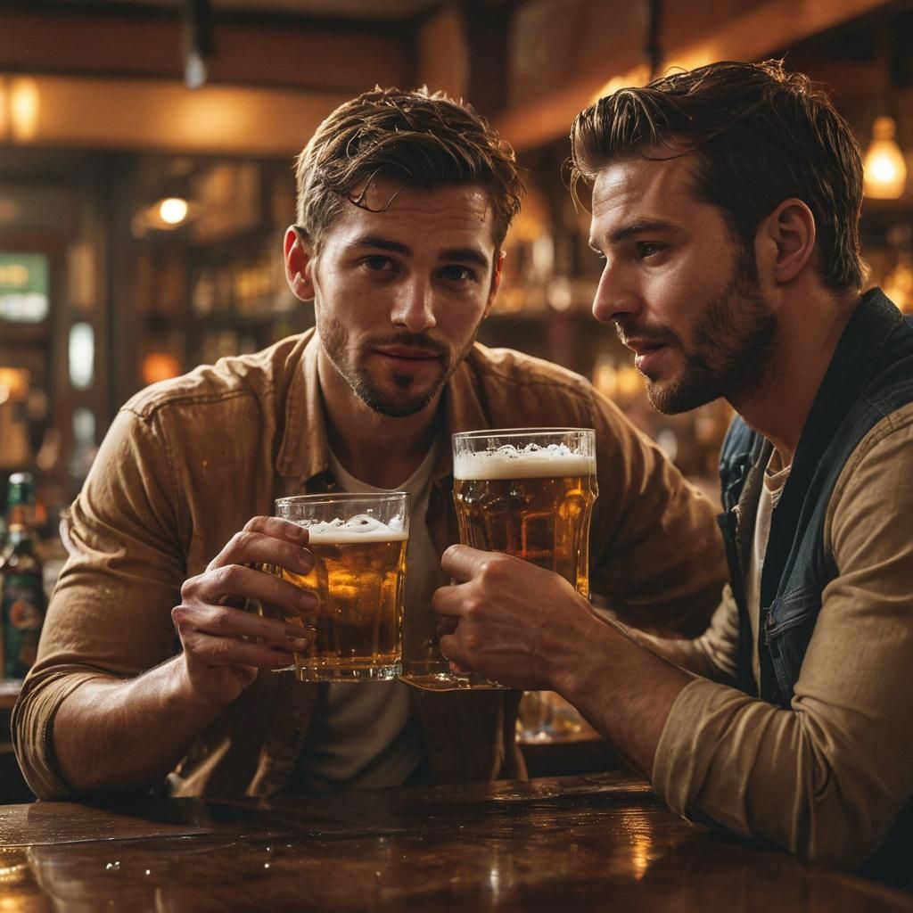 Two Handsome Men Embracing in a Bar, Hyperrealistic