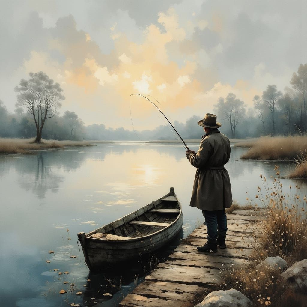 Lone Fisherman at Dawn on Misty Lake - Oil Painting