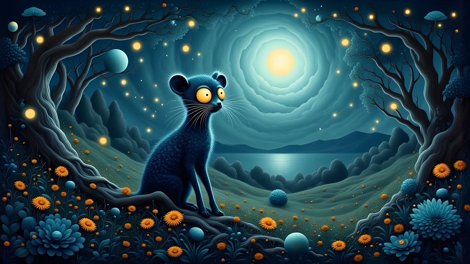 Smiling Creature Emerges in Moonlit Steampunk Landscape