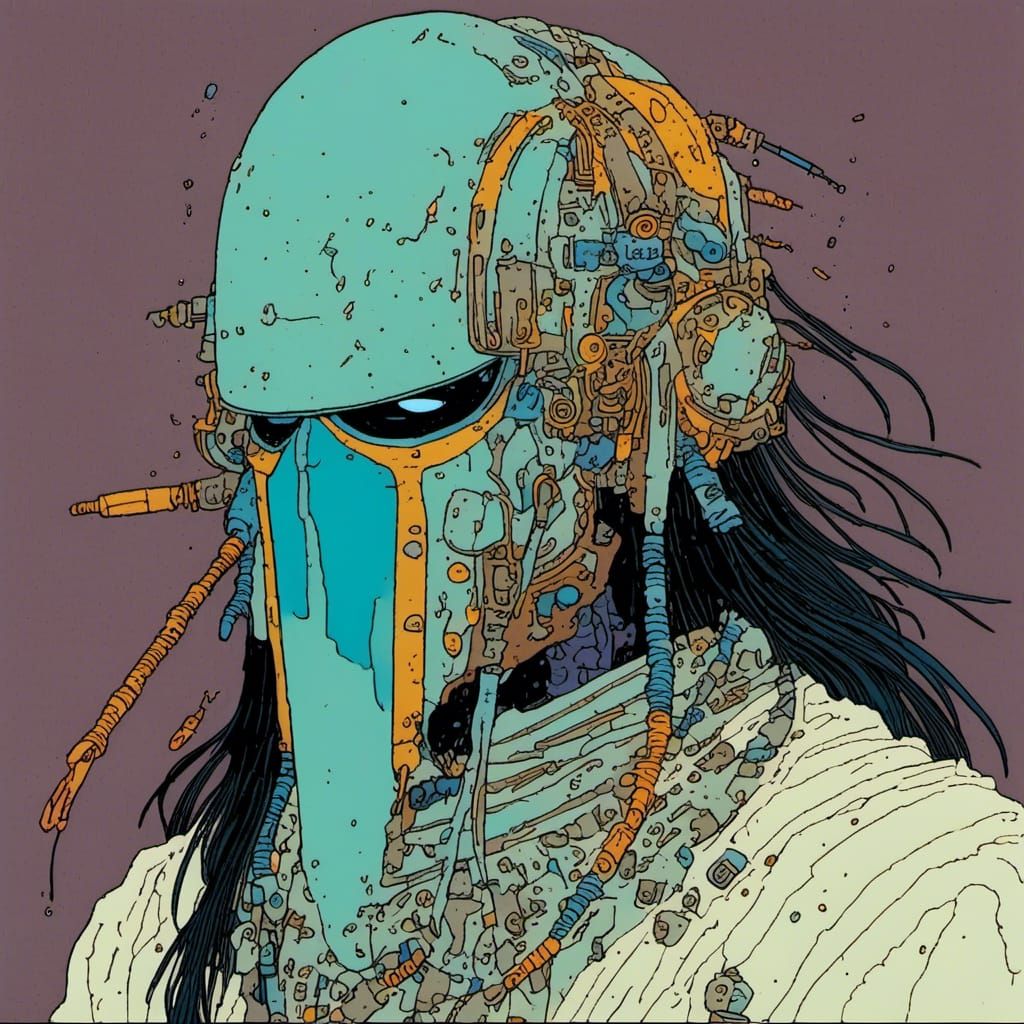 Moebius-Style Mechanical Mask Figure in Robes