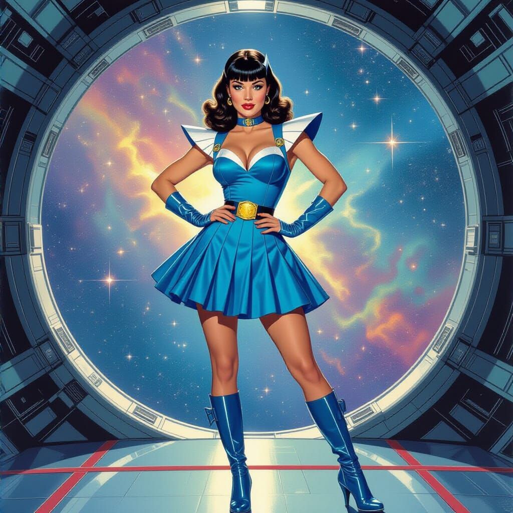 Retro Sci-Fi Pinup in Spaceship Interior