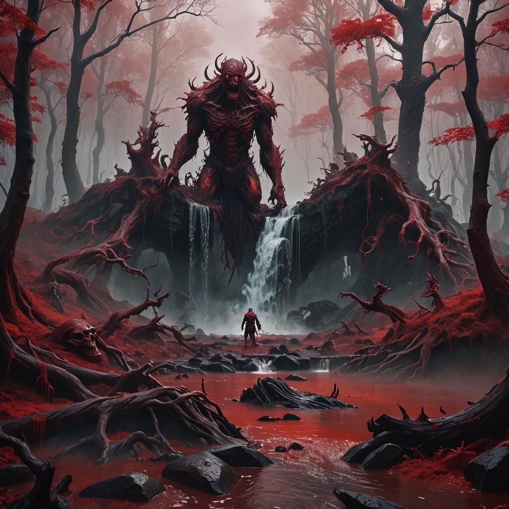 Blood Waterfall with Red Monster in Foggy Forest