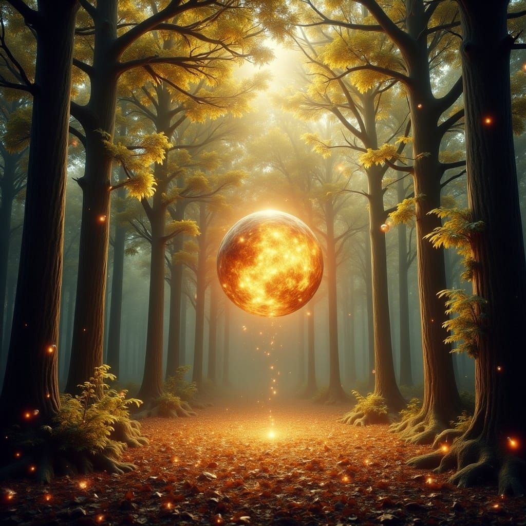 Surreal Golden Light Dances Through Enchanted Forest
