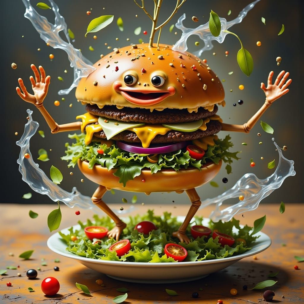 Anthropomorphic Hamburger Dancing in Salad Bowl