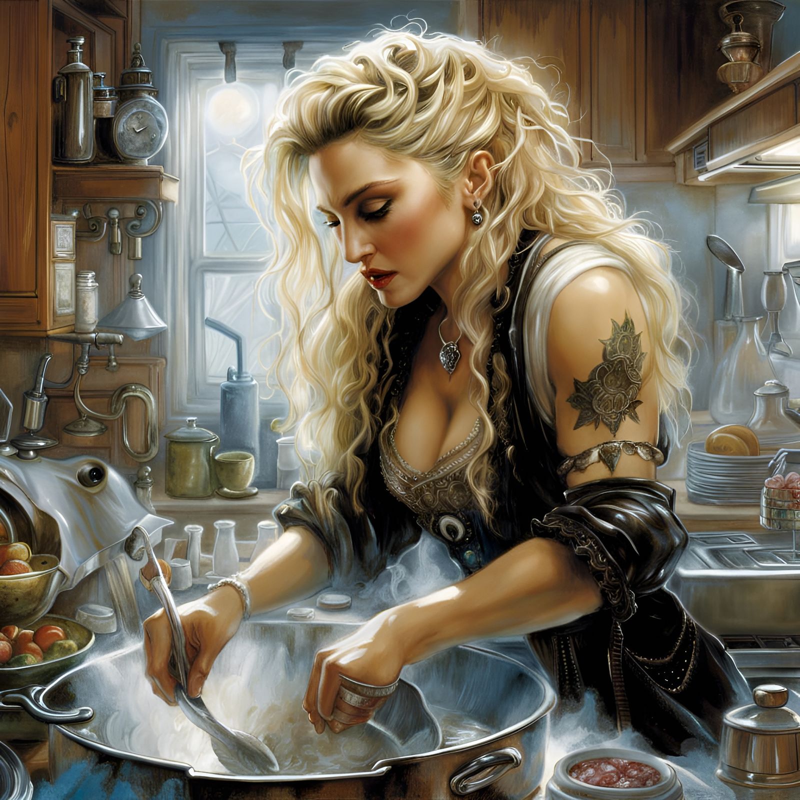 Madonna busy in a restaurant kitchen