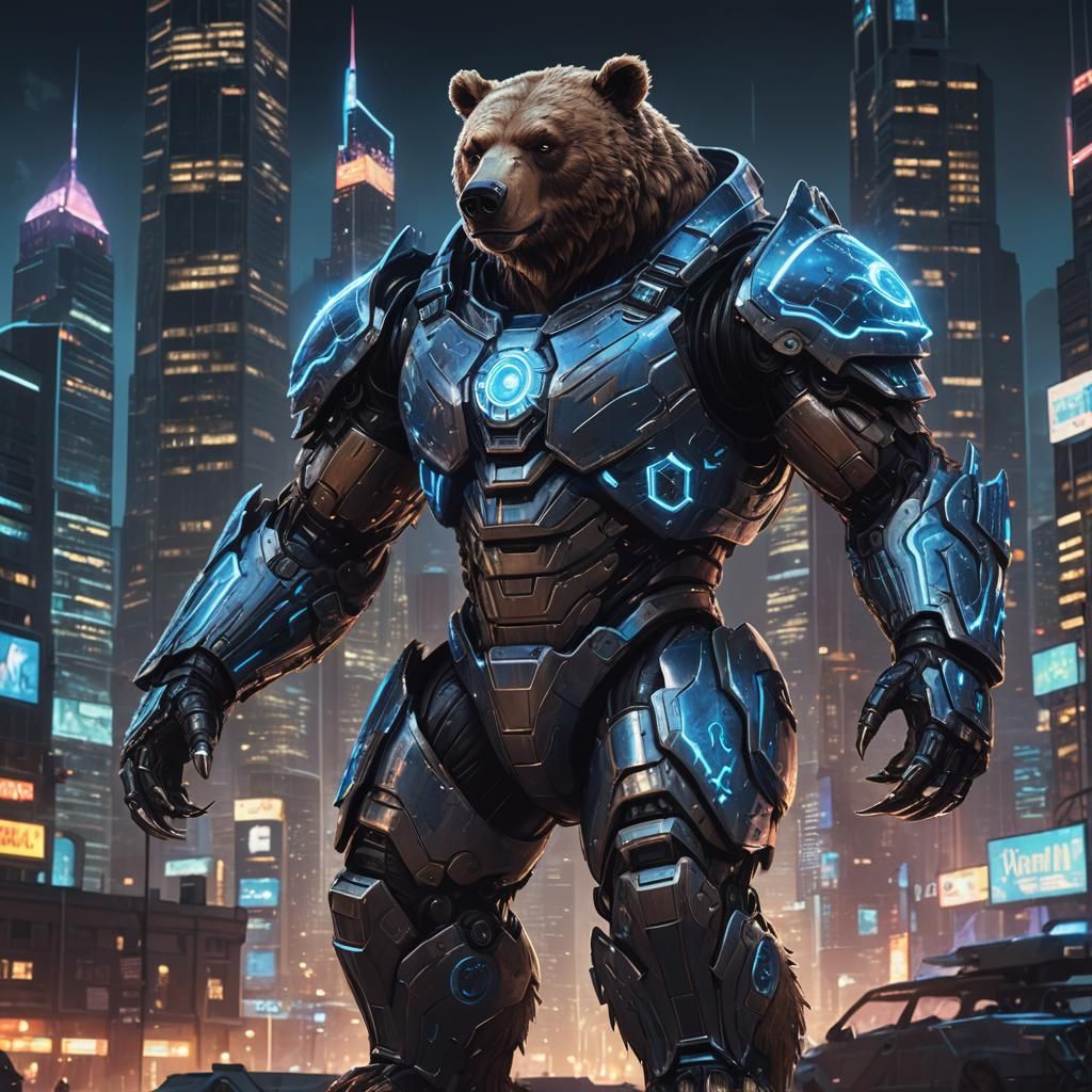 Armored Cybernetic Bear Warrior in Neon Cityscape