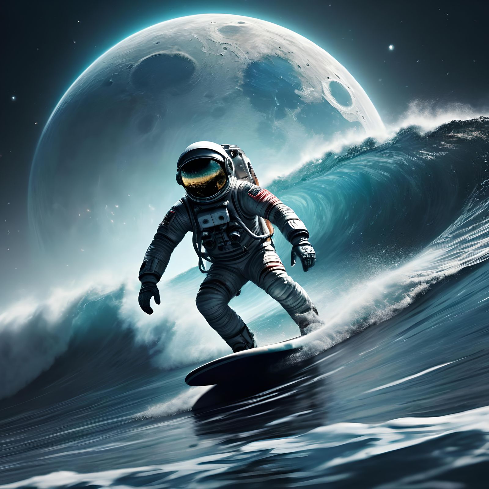 Astronaut Surfing on Moon Waves with Galaxy