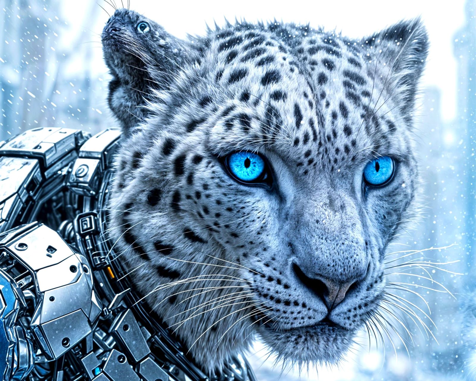 Newborn Snow Leopard Cyborg in Snowy City