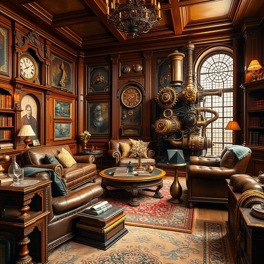 Steampunk Living Room with Clockwork Mechanisms