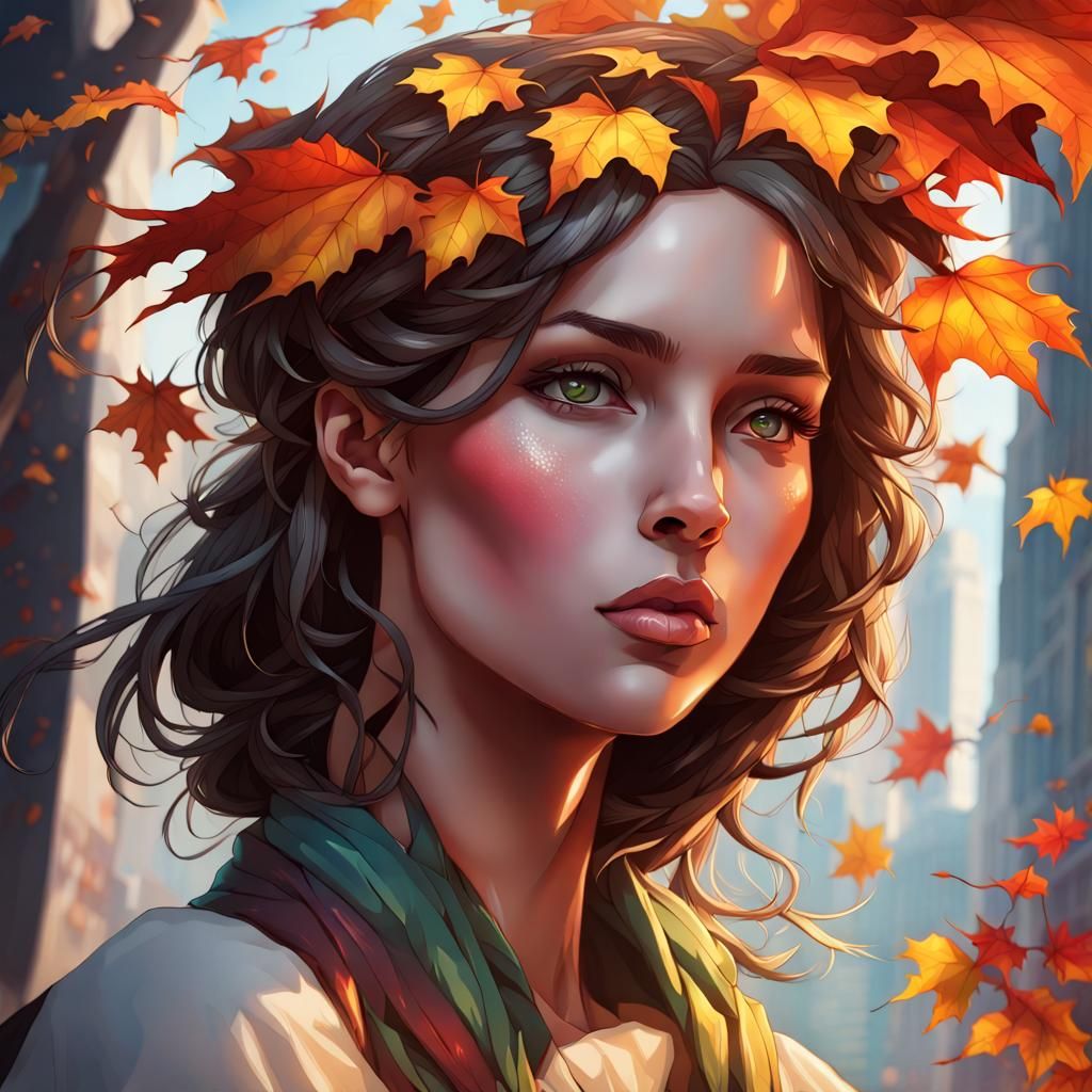 Autumn Leaf Portrait in Art Nouveau Style
