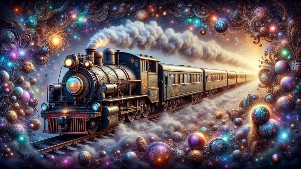 Surreal Train Chugs Through Mystical Realm with Glowing Egg